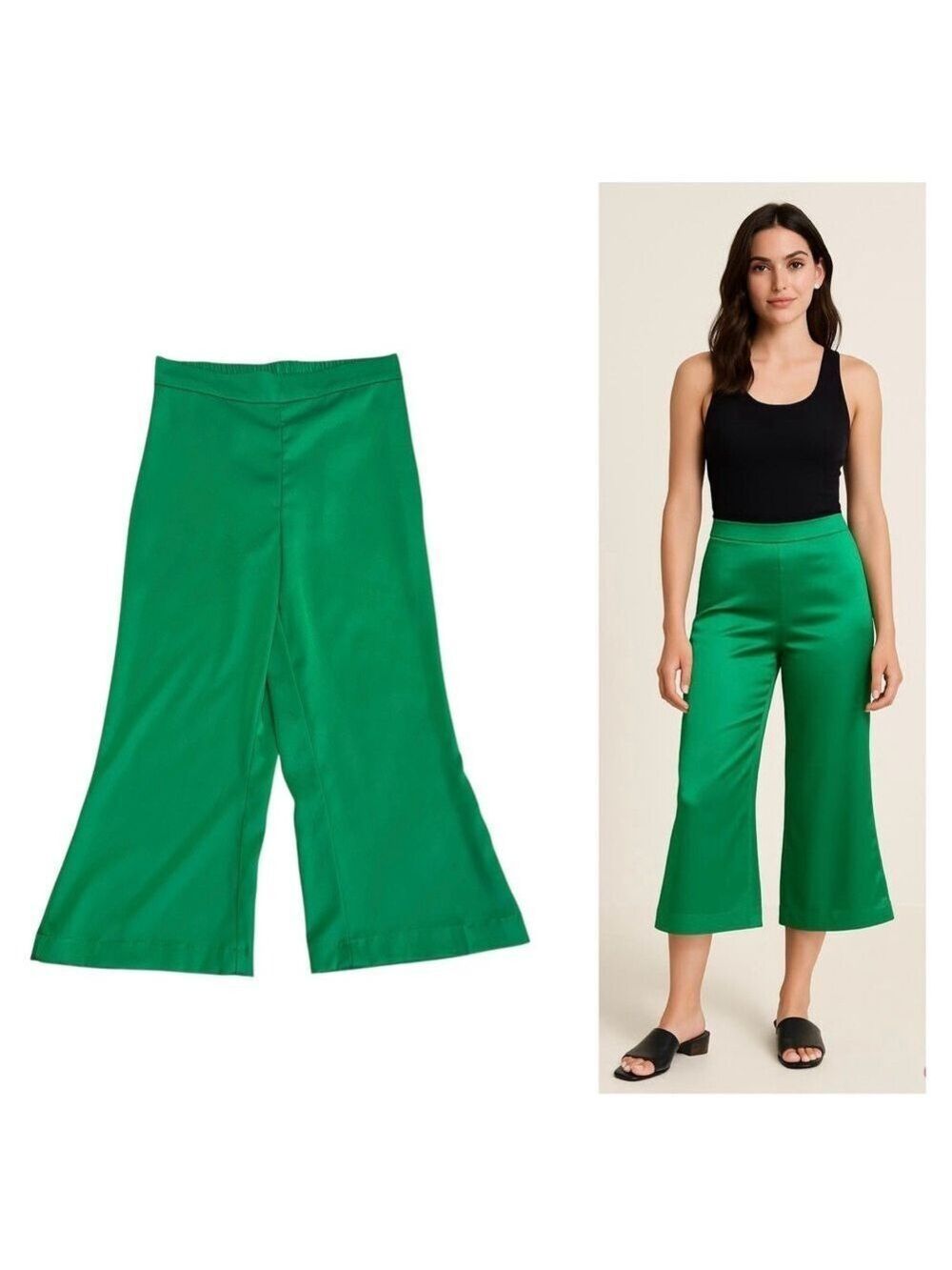 Rachel Zoe green satin effect flowy high waisted pull on cropped dress pants S